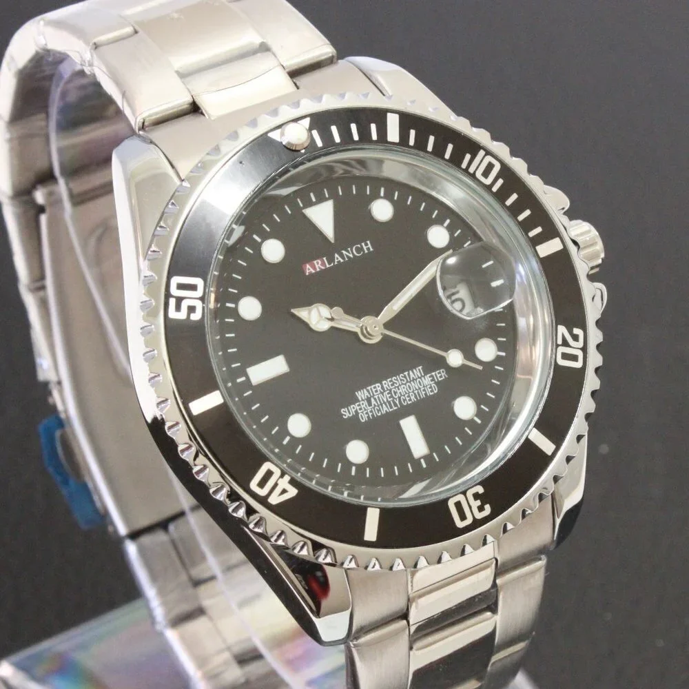 Men's Diver Style Watch Black Uni-directional Bezel Stainless Bracelet 40mm